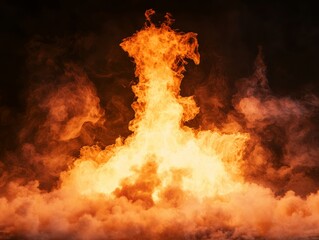 Bright Orange Conical Fountain of Fire and Smoke in Dark Atmosphere