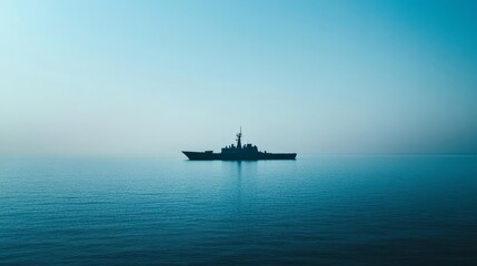 Obraz premium Naval ship cruising throughserene blue ocean underclear sky, showcasingmaritime strength andtranquility, central focus withslight background blur.