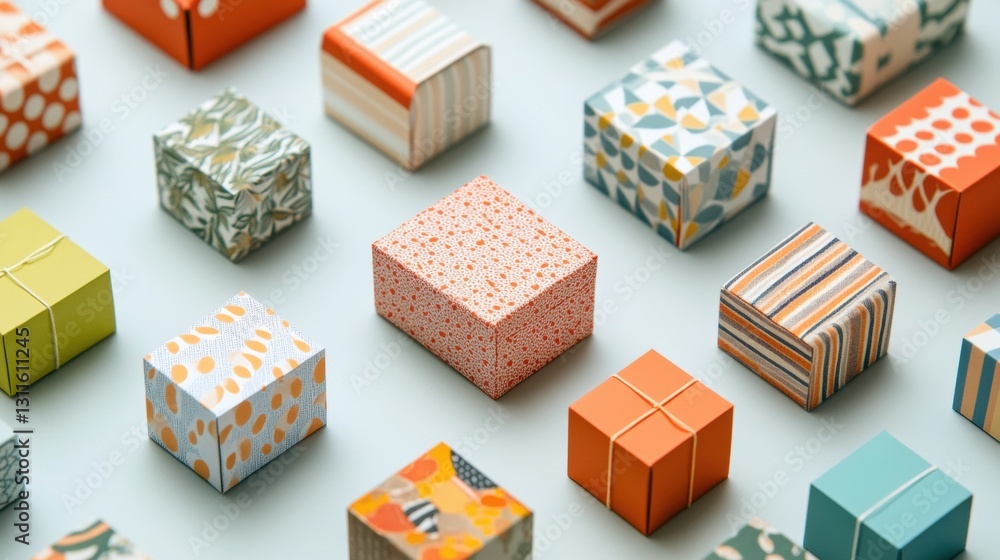 Poster creative arrangement of colorful gift boxes showcasing various designs and patterns on display for s