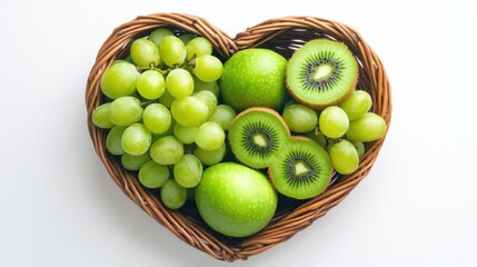 A heart-shaped basket filled with green apples, grapes, and kiwis on a white background.