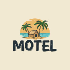 Obraz premium Tropical Beach Motel Illustration with Palm Trees and Straw Hut