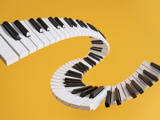 Naklejka premium A whimsical arrangement of piano keys against a yellow background, creating a curvy, playful visual.