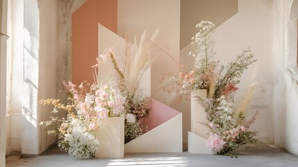 Fototapeta premium An artistic floral display with geometric shapes and pastel colors