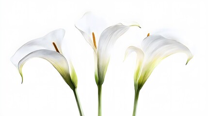 Three delicate white calla lilies arranged against a blank background
