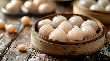 Steamed Dim Sum in Bamboo Steamer, Asian Cuisine