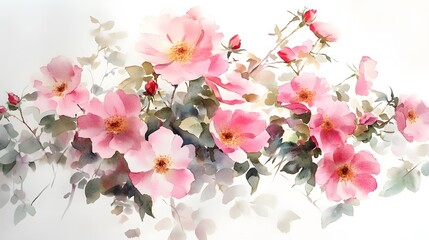 Beautiful watercolor painting of several pink flowers with greenery