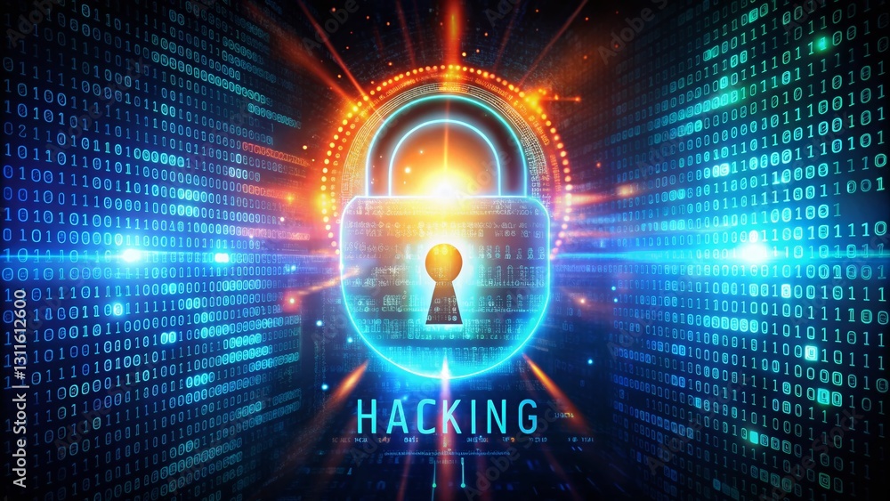 Poster surreal digital lock hacking concept: abstract keyhole with glitching data stream