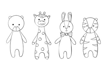 Vector Set of children soft toys. Sketch of baby dolls Fluffy bear, bunny, giraffe and tiger. Hand drawing engraving animal illustration for card, invitation, baby shower, poster, printing.