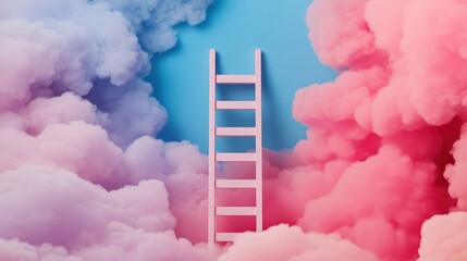 A pink ladder rises through colorful clouds against a blue background, creating a dreamy and whimsical atmosphere.