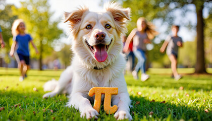 Happy Dog with Pi Symbol Sitting on Grass while Kids Play in Park for Pi Day
