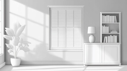 Fototapeta premium Sunlit minimalist living room with plant, bookcase, and cabinet