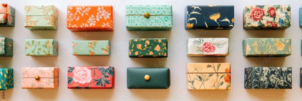 Poster colorful gift boxes of various sizes arranged creatively showcase unique designs and patterns for fe