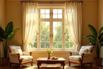 Serene Sunlight Illuminates a Room with Elegant Furnishings and Lush Greenery, Creating a Peaceful and Inviting Atmosphere