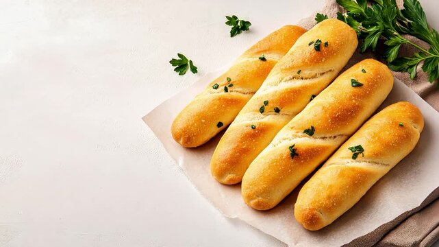 Freshly baked breadsticks garnished with herbs