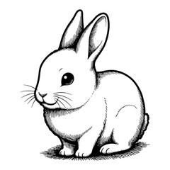Cute Chibi Cartoon Rabbit Sitting Front View with Detailed Shading Black and White Outline Line Art Drawing