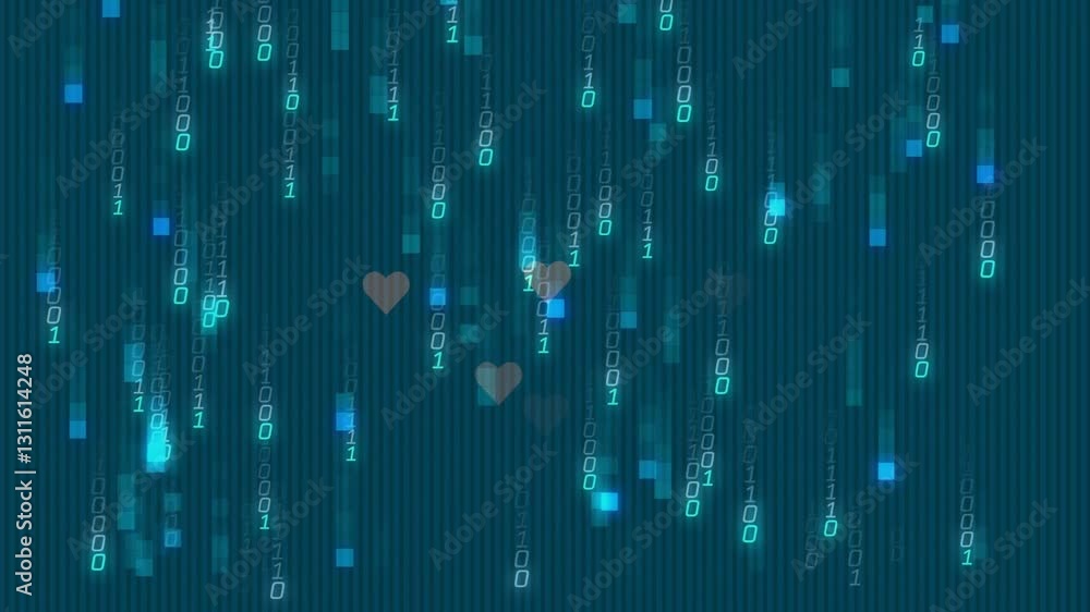 Poster animation of binary code and heart symbols over digital matrix background