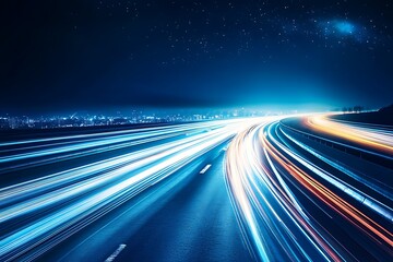 Night Highway with Light Trails and City Skyline