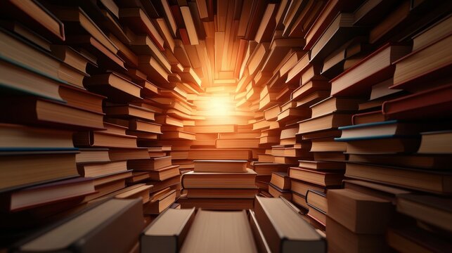 A mesmerizing tunnel of books leading to a glowing light, symbolizing knowledge, discovery, and the journey through literature. - Powered by Adobe