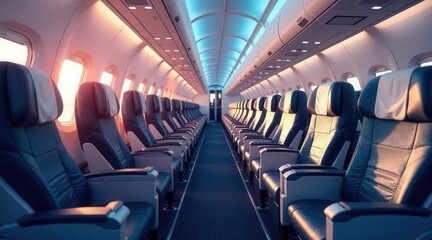 Empty airplane seats bathed in sunset light, rows of comfortable airline seating awaiting passengers, interior cabin view of an aircraft at sunrise