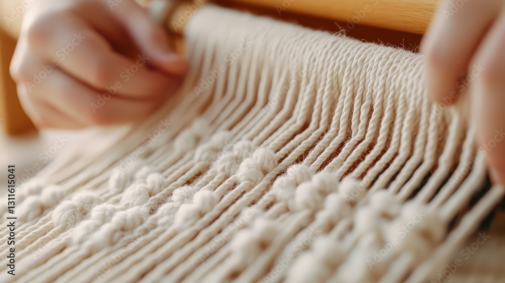 Poster a close-up of hands weaving on a loom, showcasing intricate patterns and textures in soft material, 