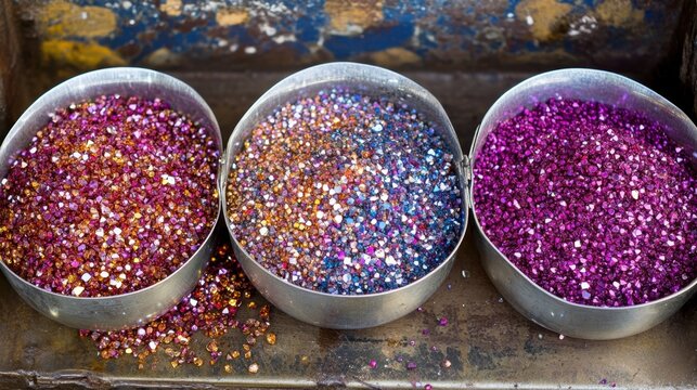 Mining sieves stacked with soil and glimmering unpolished gems.