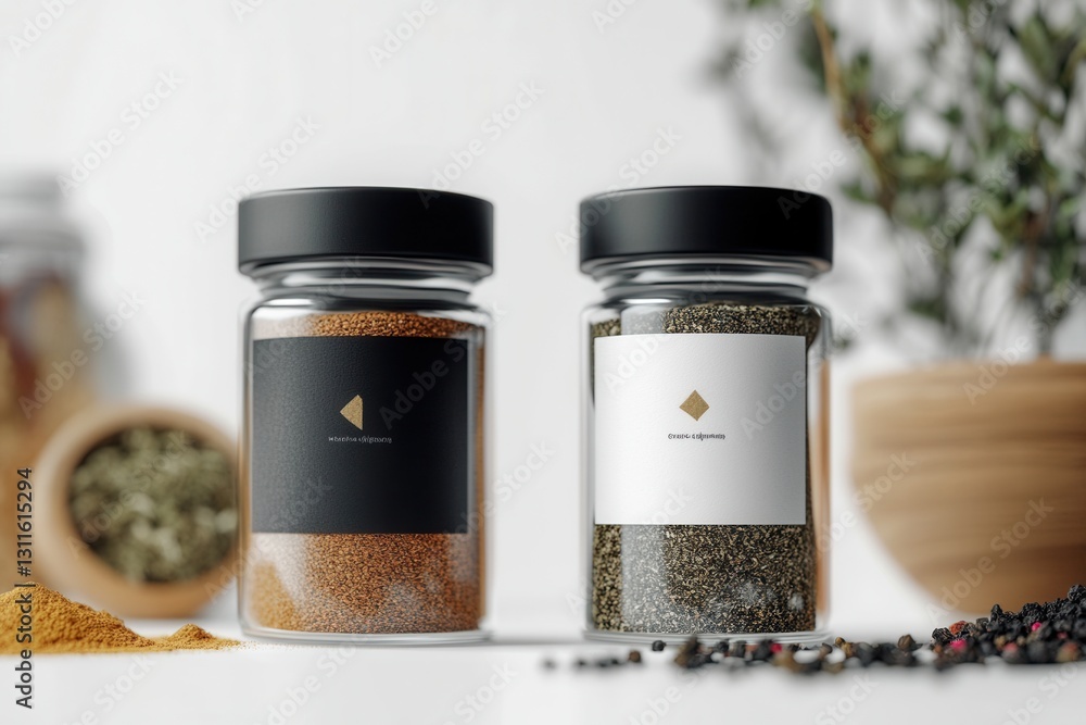Poster Elegant minimalist spice jar design featuring black and white branding with herbal elements on display in a simple kitchen setting