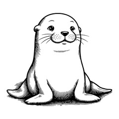 Cute Sea Lion Chibi Style Front View Detailed Adorable Friendly Black and White Outline Line Art Drawing