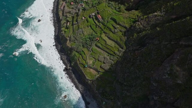Aerial drone shot of banana farm at the coast Madeira Portugal