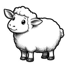 Cute Chibi Cartoon Sheep Standing Isolated in Detailed Hand Drawn Black and White Outline Line Art Drawing