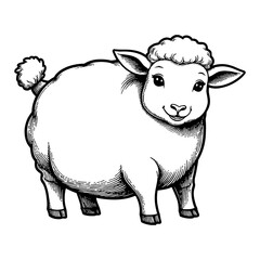 Adorable Chibi Cartoon Sheep in Detailed Black and White Outline Line Art Drawing Illustration