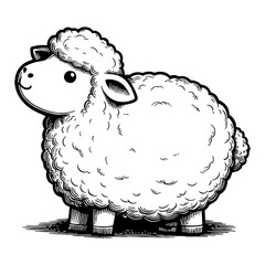 Cute Cartoon Chibi Sheep Standing Illustration in Detailed Black and White Outline Line Art Drawing