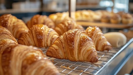 Close-up of golden croissants and muffins cooling on a rustic wooden table, inviting and freshly baked.