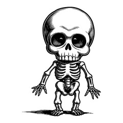 Cute Chibi Cartoon Skeleton Full Body Front View Detailed Black and White Outline Line Art Drawing