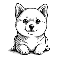 Cute Chibi Cartoon Shiba Inu Puppy Dog Portrait Detailed Black and White Outline Line Art Drawing