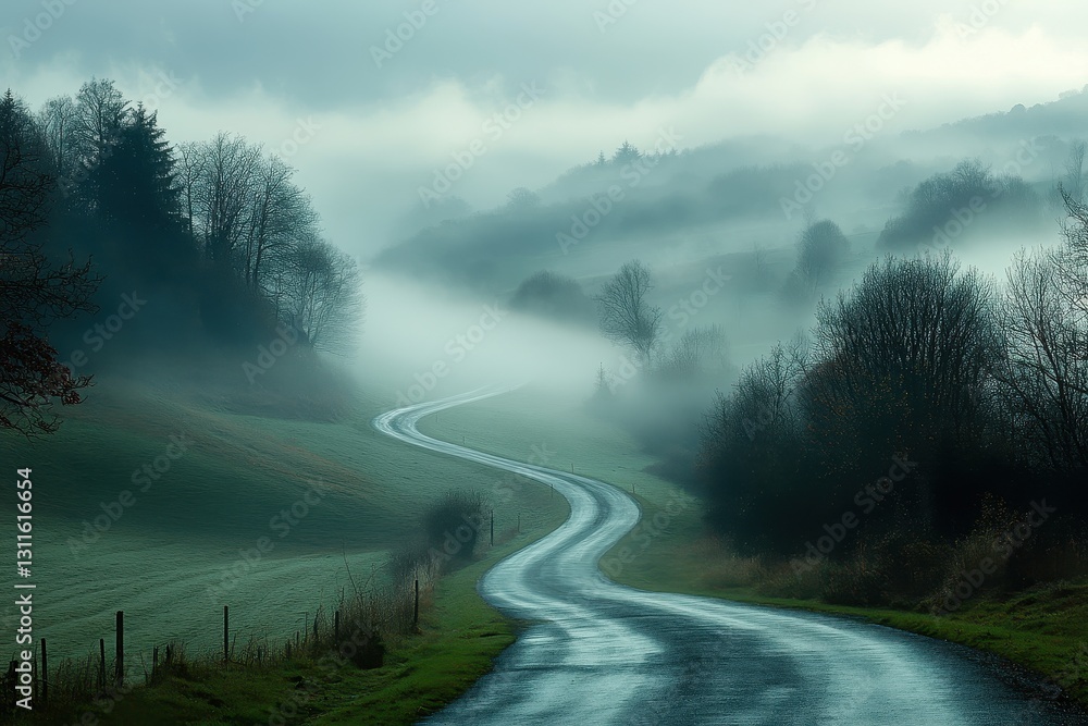 Poster Winding road through misty hills at dawn in a tranquil rural landscape surrounded by trees and soft fog