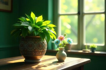 Fototapeta premium Sunlit Still Life Lush Greenery in an Ornate Pot and Delicate Blooms in a Simple Vase on a Wooden Table by a Window