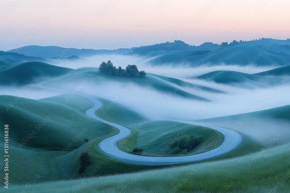 Poster winding road through misty hills at dawn in a tranquil rural landscape surrounded by trees and soft 