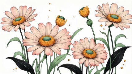 A minimalist digital illustration featuring four daisy-like flowers with white petals accented with pink. Each flower has a red center with a yellow circle in the middle.