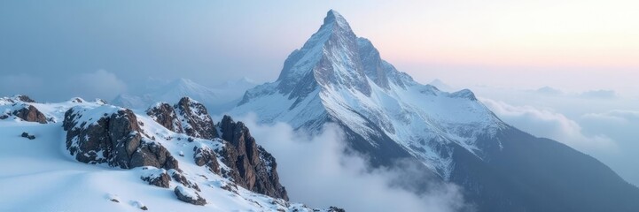 Obraz premium Lonely mountain peak with misty atmosphere and snow-covered rocks, snow, solitary, rocky