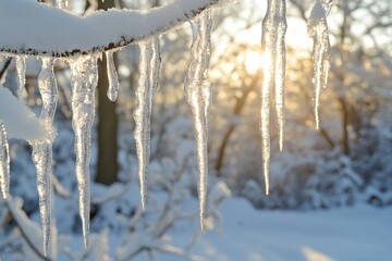 Stunning Icicles Hanging from Snowy Branch Winter Wonderland Crystal Clear Ice Formations Sparkling Sunlight Nature Scene Frosty Magical Cold Season  