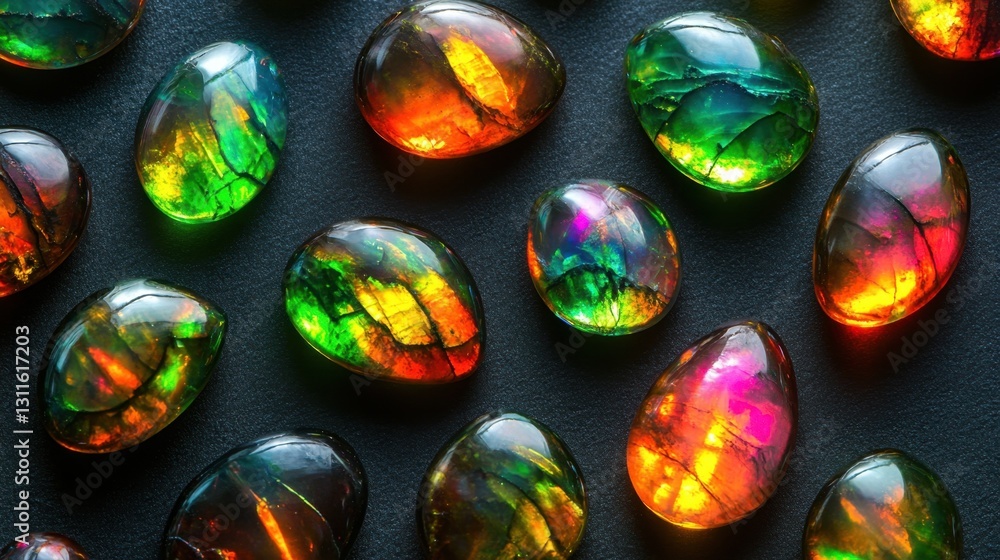 Poster precious opals showing iridescent colors placed on a matte black surface.