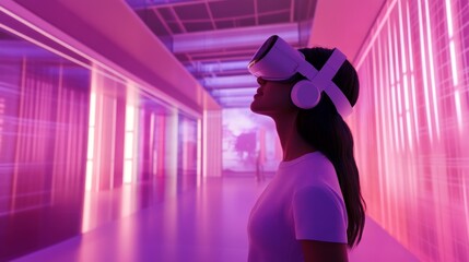 A person exploring a virtual reality museum, with holographic exhibits and advanced technology