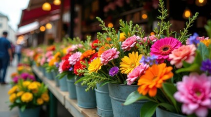 Fototapeta premium Vibrant flower arrangements in rustic metal buckets, showcasing a delightful array of colorful blooms at an outdoor market setting