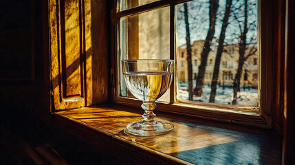 Clear water on the wooden table near the window. Generative Ai.