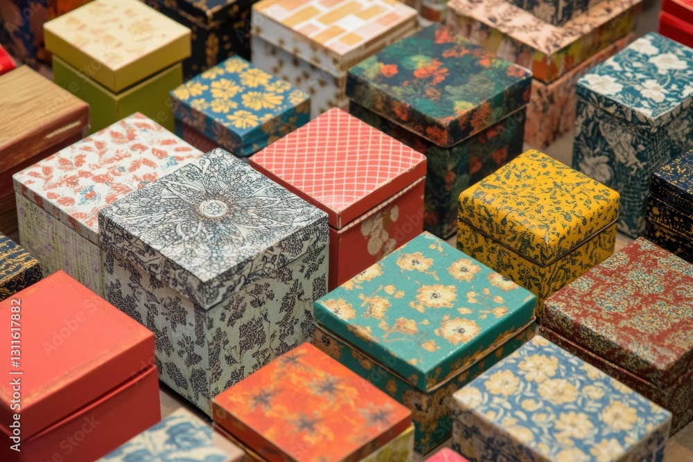 Poster colorful gift boxes in various sizes showcase unique designs and patterns in a creative arrangement 