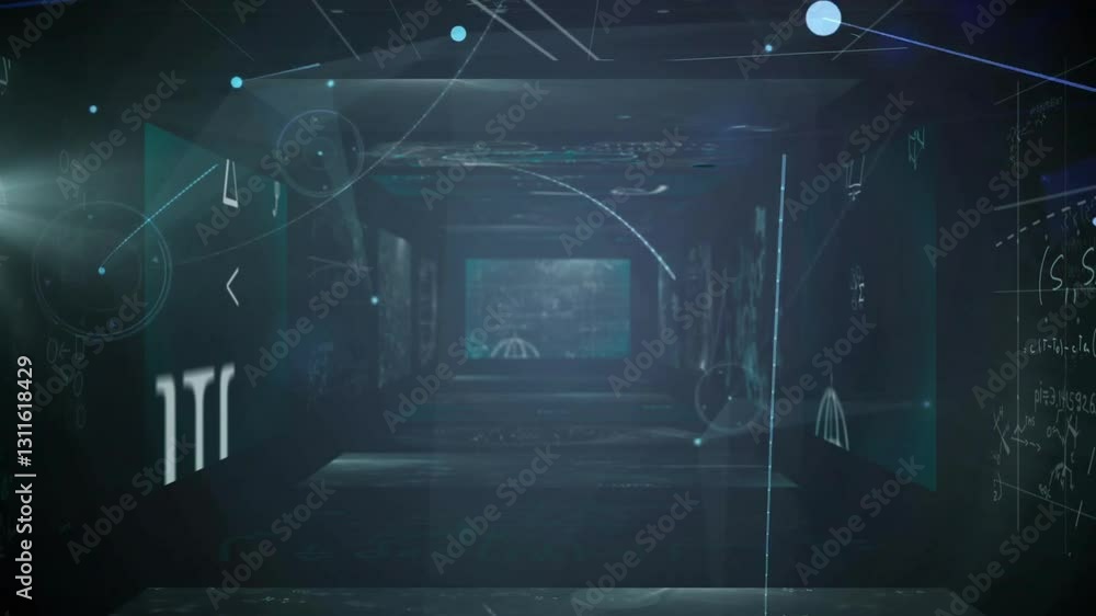 Poster animation of mathematical symbols and equations floating in futuristic digital corridor