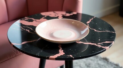 Fototapeta premium Empty blush-toned dish rests on a black and pink marbled table top