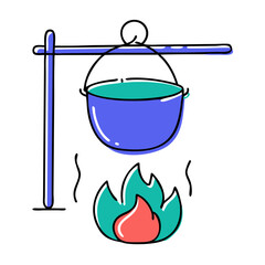 Icon of camping pot illustration with adventurous mood over fire on colorful background with copy space