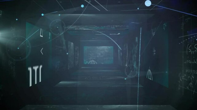 Animation of mathematical symbols and equations floating in futuristic digital corridor