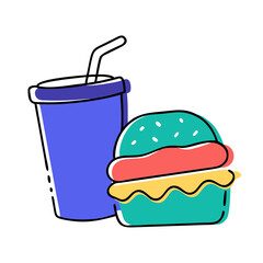 Fast food meal with burger and drink for travel snacks